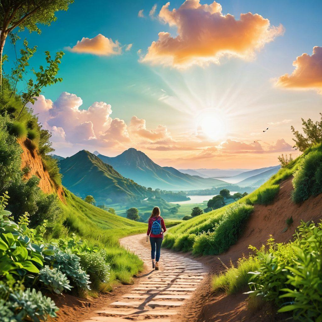 A serene landscape depicting a winding path leading to a sunny horizon, with a person joyfully holding a piggy bank in one hand and a lush green plant in the other, symbolizing growth and prosperity. Surround the scene with floating coins and financial charts in the air, creating an uplifting atmosphere of financial independence and wellness. Use vibrant colors and a soft, dreamy style. impressionistic. vibrant colors. soft focus.