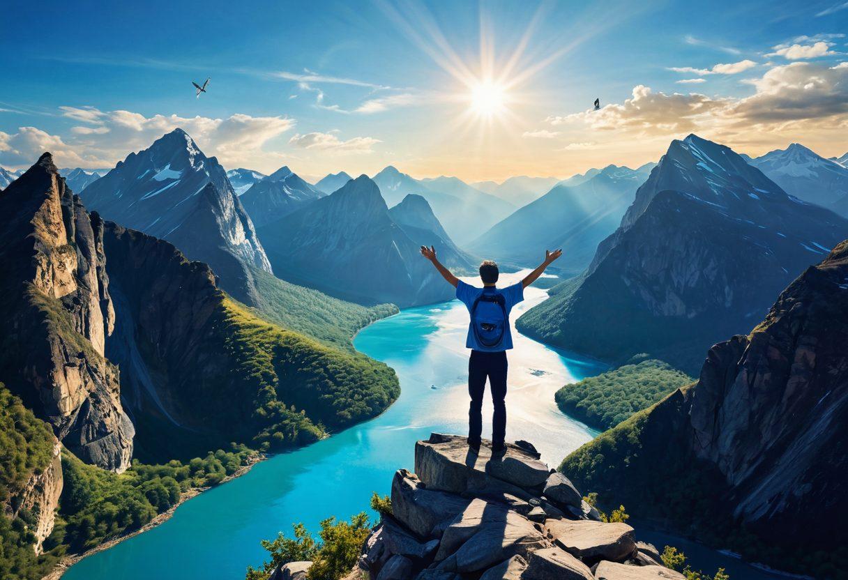 A serene scene of a person standing on a mountain peak, arms raised in triumph, with flowing rivers symbolizing cash flow and paths leading to multiple destinations labeled 'debt elimination' and 'wealth management'. The sky is a brilliant blue and the sun is shining brightly, representing hope and new beginnings. Add elements like dollar signs transforming into butterflies to symbolize financial freedom. vibrant colors. super-realistic.
